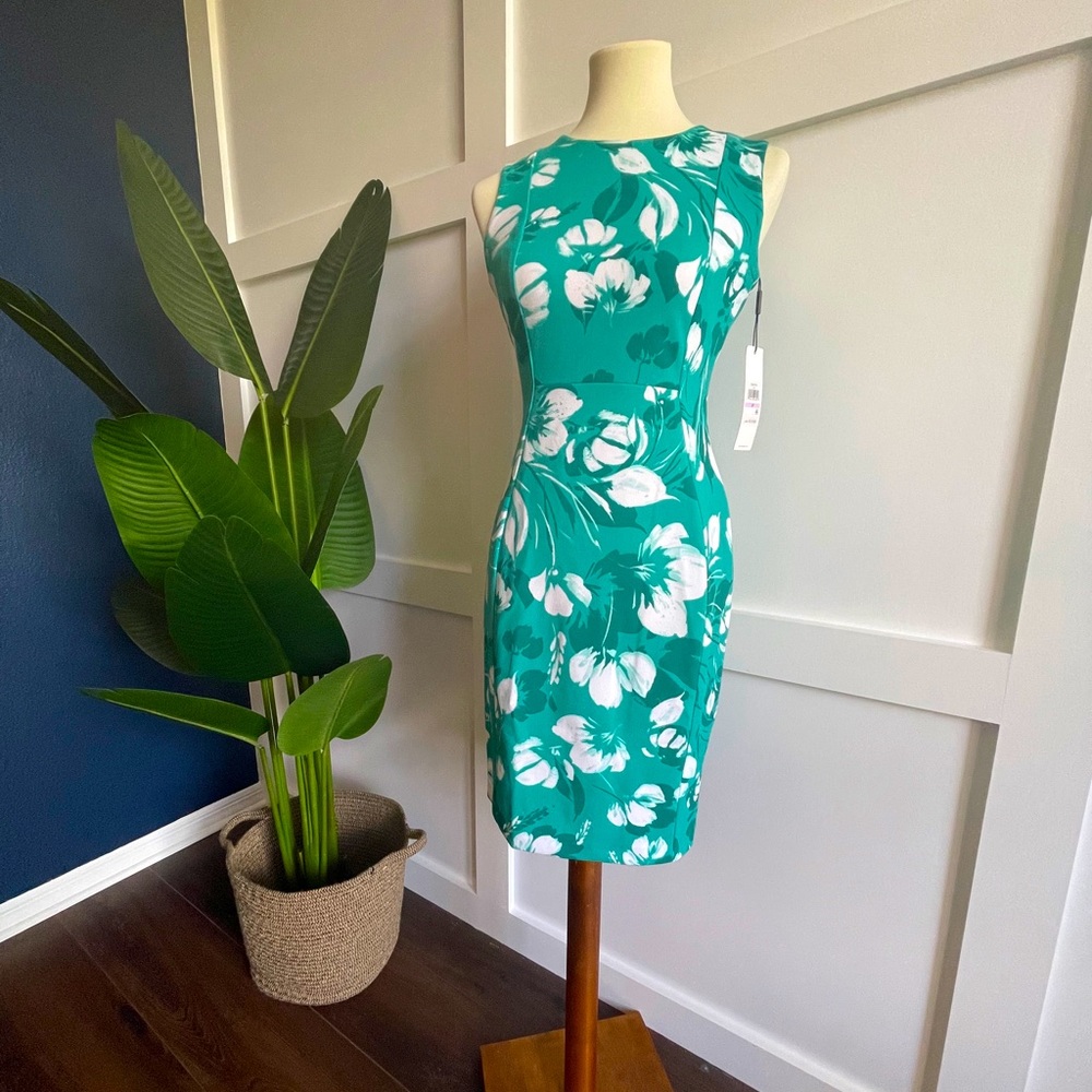 NWT CALVIN KLEIN TEAL GREEN FLORAL DRESS